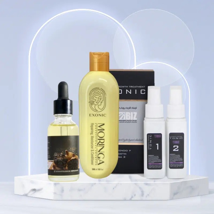 پک رویش مجدد مو بیز – سرم سیر سیاه + تونیک دوقلو + شامپو مورینگا برای موهای قوی و پرپشت