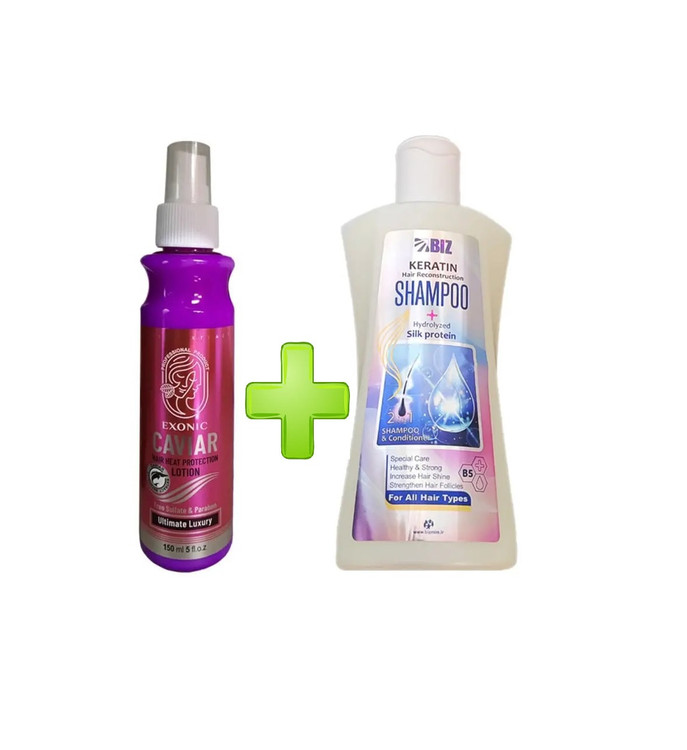 لوسیون محافظ حرارتی مو خاویار و شامپو کراتینه ابریشم بیز اصل